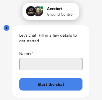 Fenêtre de chat en direct Aerobet Casino avec formulaire de démarrage et champ de nom